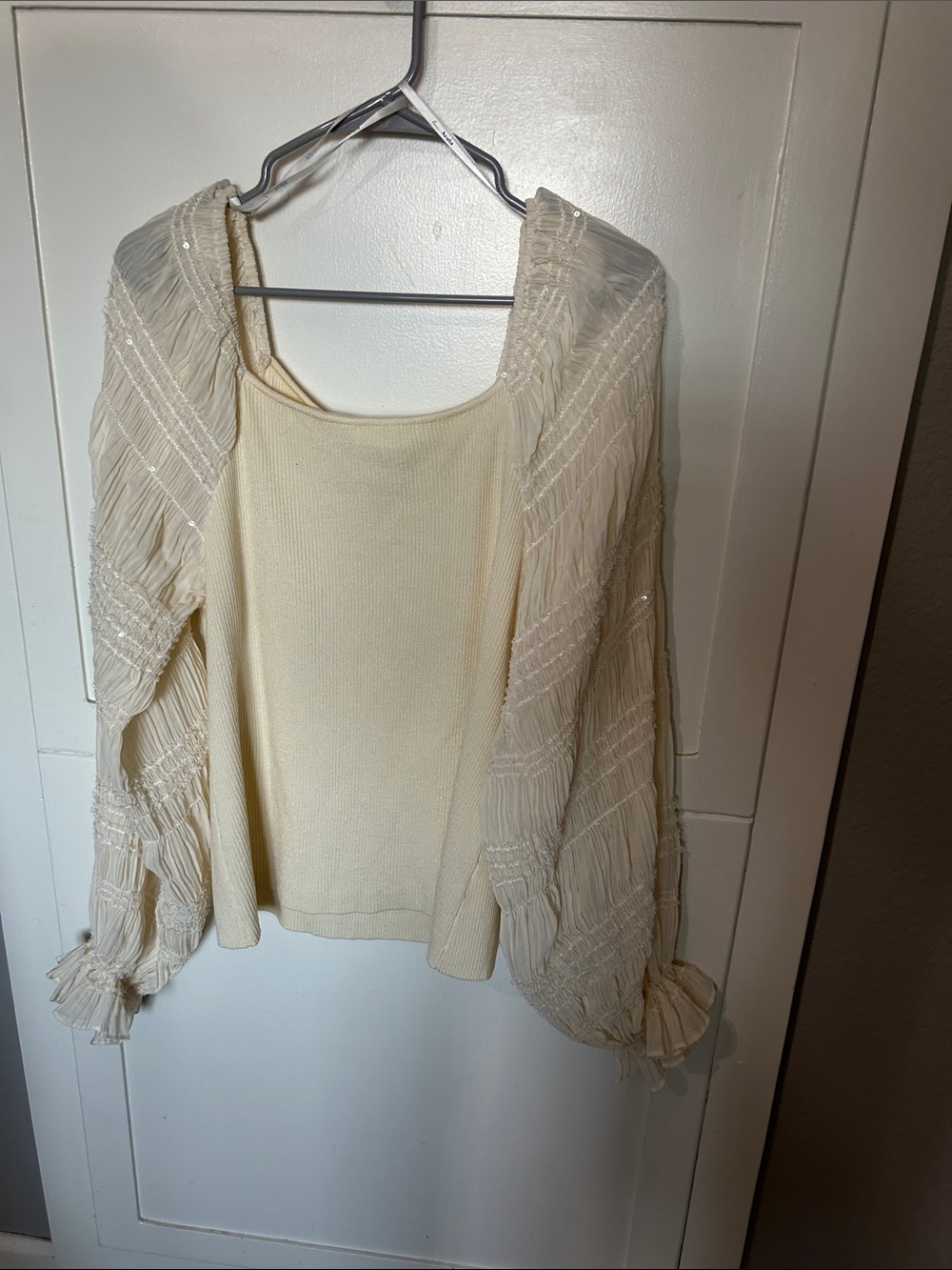 Cream Women's Lightweight Sweater w Sheer Balloons Sleeve NWT